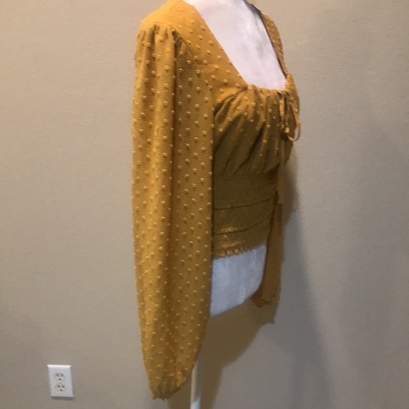 MINKPINK Smocked Long Puff Sleeve Crop Top Elastic Waist-& Square Tie Neck-L - Picture 4 of 11